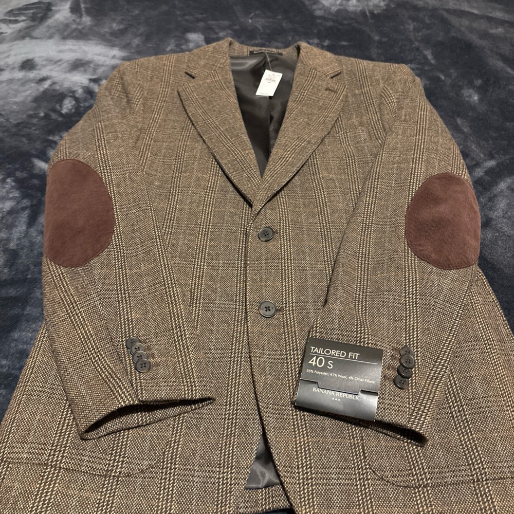 Banana Republic Brown Checkered Blazer with Elbow Patches Wool Blend  NWT